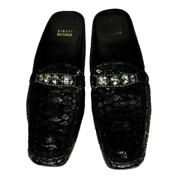 Stuart Weitzman Snakeskin Animal Print Jewel Leather Black Mules Minimalist 10