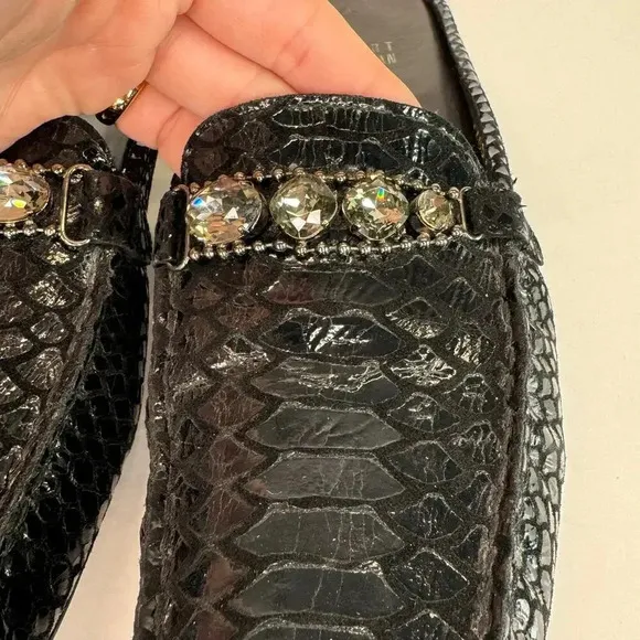 Stuart Weitzman Snakeskin Animal Print Jewel Leather Black Mules Minimalist 10