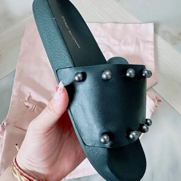 Stuart Weitzman Superstud Slides | Size 8 | Black Leather Sandals/NWOB