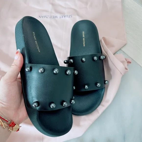 Stuart Weitzman Superstud Slides | Size 8 | Black Leather Sandals/NWOB