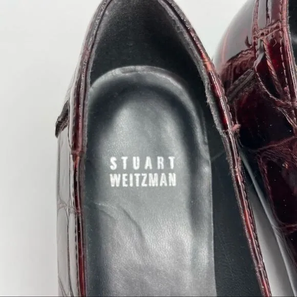 Stuart Weitzman Red Metallic Patent Leather Croc Embossed Buckle Loafers
