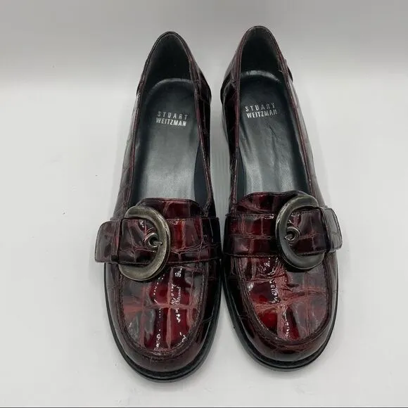 Stuart Weitzman Red Metallic Patent Leather Croc Embossed Buckle Loafers