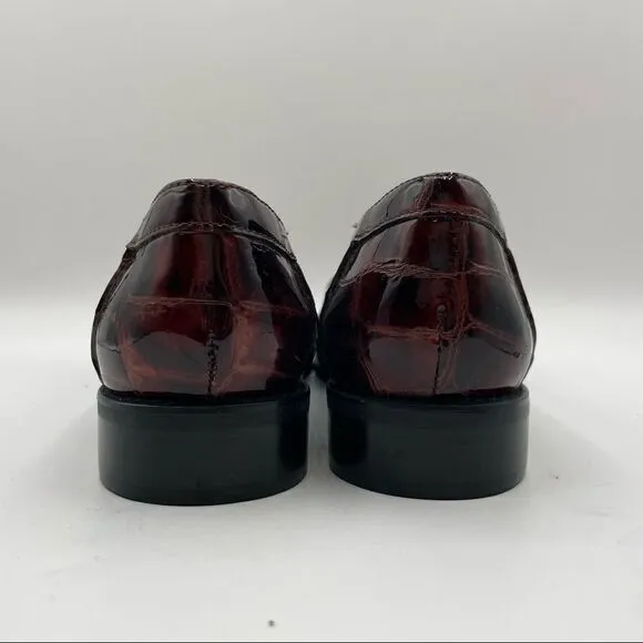 Stuart Weitzman Red Metallic Patent Leather Croc Embossed Buckle Loafers
