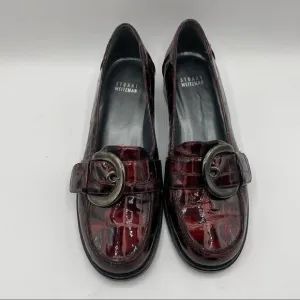 Stuart Weitzman Red Metallic Patent Leather Croc Embossed Buckle Loafers