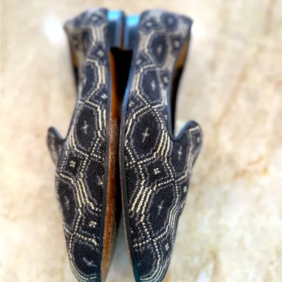 Stubbs &amp; Wootton Black and Cream Loafers with Geometric Design