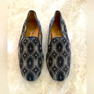 Stubbs &amp; Wootton Black and Cream Loafers with Geometric Design