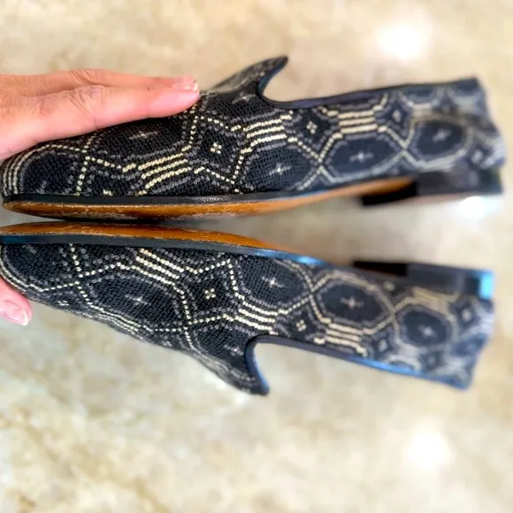 Stubbs &amp; Wootton Black and Cream Loafers with Geometric Design