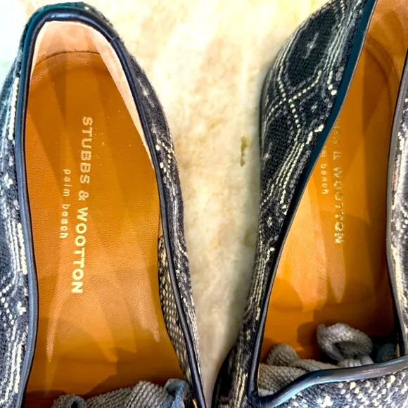 Stubbs &amp; Wootton Black and Cream Loafers with Geometric Design