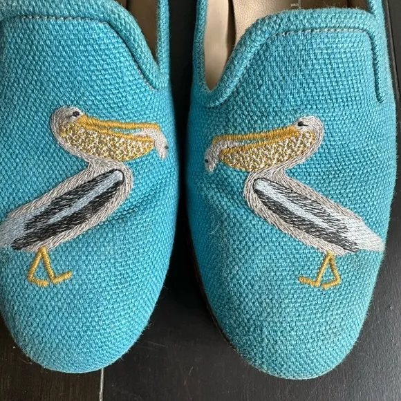 Stubbs &amp; Wootton Blue and Yellow Flats with Banana Embroidery