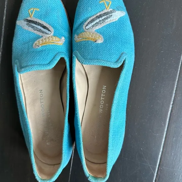 Stubbs &amp; Wootton Blue and Yellow Flats with Banana Embroidery