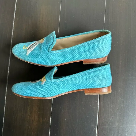 Stubbs &amp; Wootton Blue and Yellow Flats with Banana Embroidery