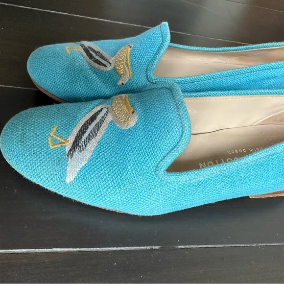 Stubbs &amp; Wootton Blue and Yellow Flats with Banana Embroidery