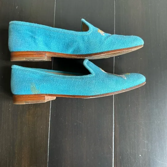 Stubbs &amp; Wootton Blue and Yellow Flats with Banana Embroidery