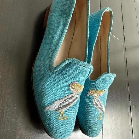 Stubbs &amp; Wootton Blue and Yellow Flats with Banana Embroidery