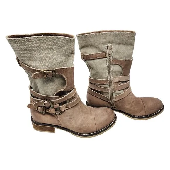 Sundance Mixed Media Legend Boots Mid-Calf Adjustable Strap Leather Brown Size 6