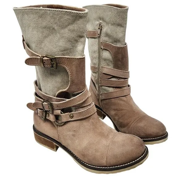 Sundance Mixed Media Legend Boots Mid-Calf Adjustable Strap Leather Brown Size 6