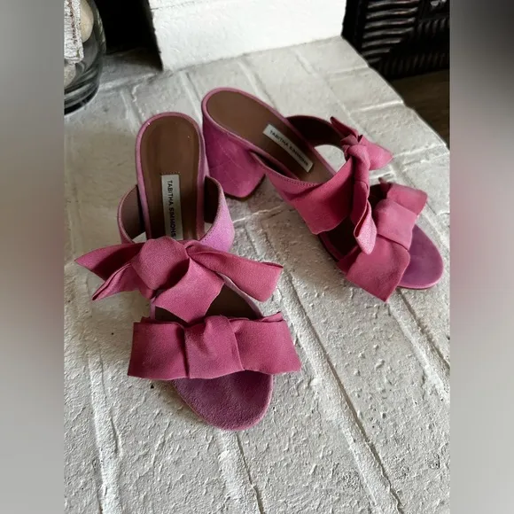 TABITHA SIMMONS Barbi Bow Suede Slide Sandals, Pink Sz 6.5