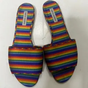 TABITHA‎ SIMMONS CANVAS STRIPE LEATHER TRIM SLIDE SANDALS SIZE 38 1/2