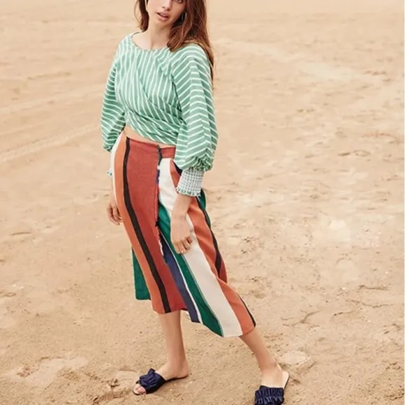 Tanya Taylor &quot;Jade&quot; Broad Stripe Linen-Blend Midi Wrap Skirt