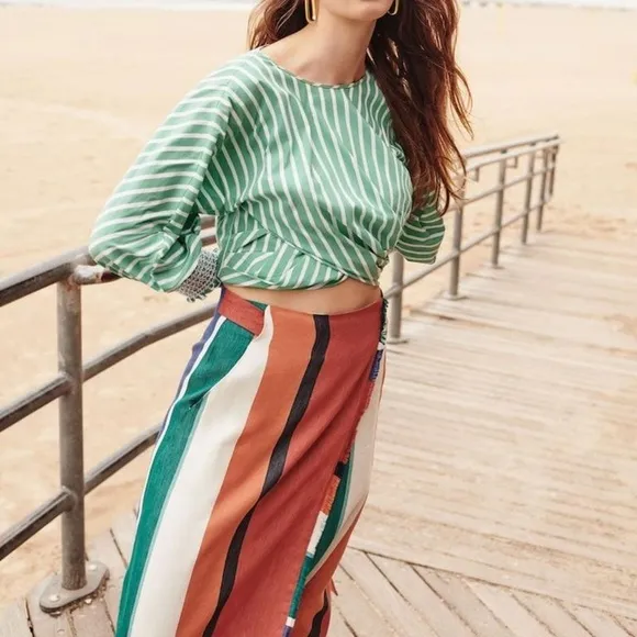 Tanya Taylor &quot;Jade&quot; Broad Stripe Linen-Blend Midi Wrap Skirt