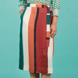Tanya Taylor &quot;Jade&quot; Broad Stripe Linen-Blend Midi Wrap Skirt