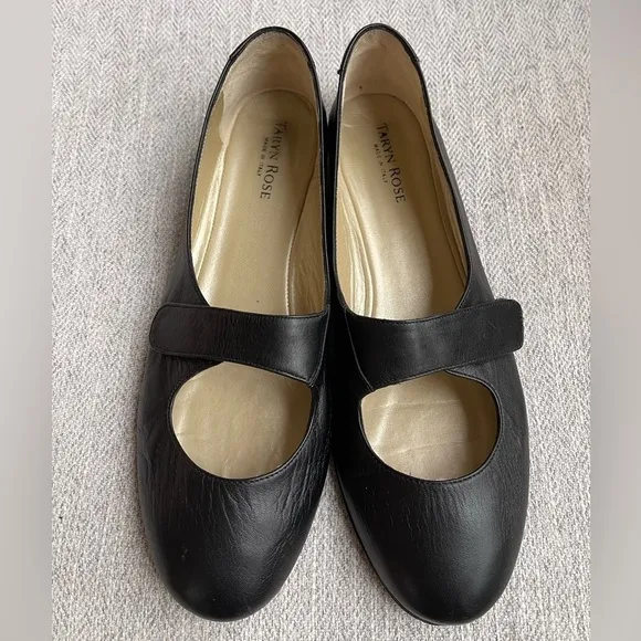 Taryn Rose Black Leather Mary Jane Ballet Flats Loafer Wedge Heel Velcro Strap