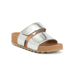 THEORY Silver Leather Metallic Slide Sandals