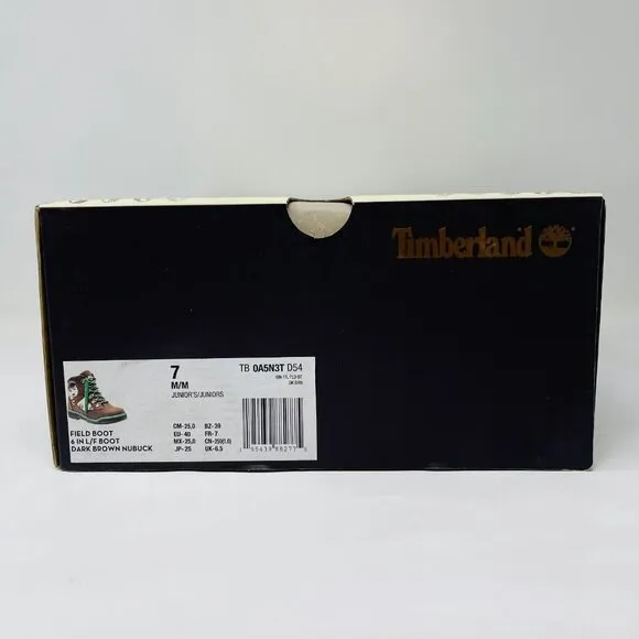 Timberland Juniors 6 Inch Field Boots Brown Green Lace Up Nubuck Youth Size 7