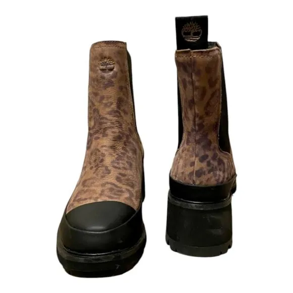 TIMBERLAND WOMEN'S KORI PARK CHELSEA BROWN LEOPARD NUBUCK BOOTS Size 8 NEW