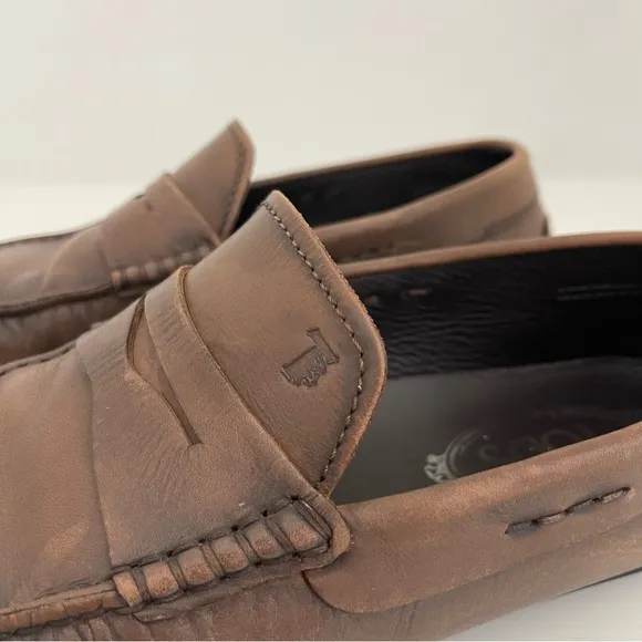 Tod’s Penny Driving Brown Tan Leather Square Toe Loafers Golf Dress Shoes Size 8