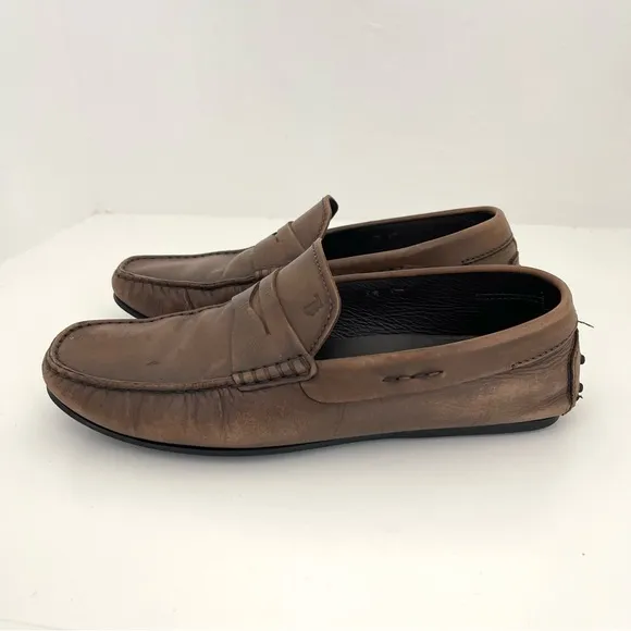 Tod’s Penny Driving Brown Tan Leather Square Toe Loafers Golf Dress Shoes Size 8