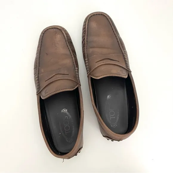 Tod’s Penny Driving Brown Tan Leather Square Toe Loafers Golf Dress Shoes Size 8