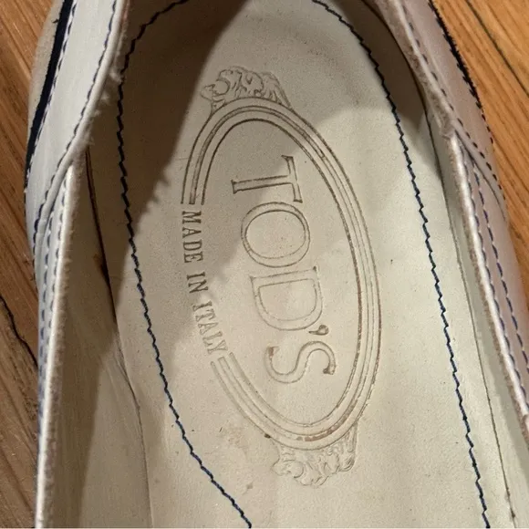 Tod’s White and Blue Leather Loafers with Gominno, Size 10