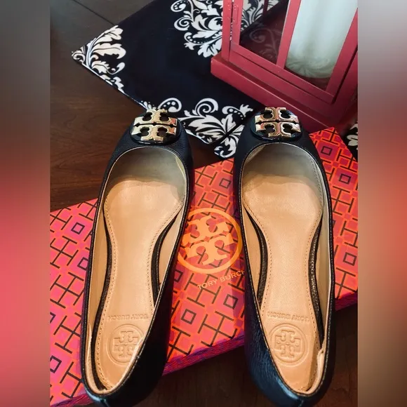 Tori Burch Claire Leather Black Ballet Flats NWOT
