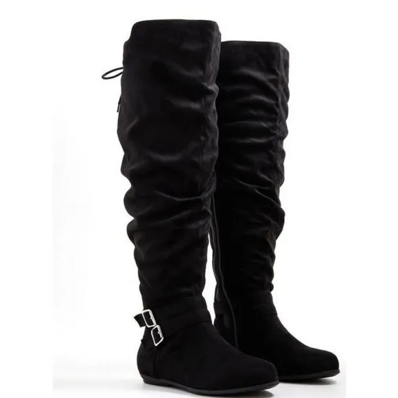 Torrid Black Double Buckle Over The Knee Boots Suede Lace Up Thigh 10.5 WW NEW