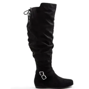 Torrid Black Double Buckle Over The Knee Boots Suede Lace Up Thigh 10.5 WW NEW