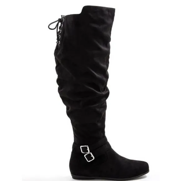 Torrid Black Double Buckle Over The Knee Boots Suede Lace Up Thigh 10.5 WW NEW