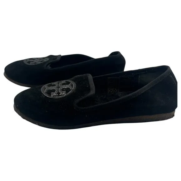 Tory Burch Billy Logo Fur Lined Velvet Slippers Flat Shoes Loafers Black Size 9M