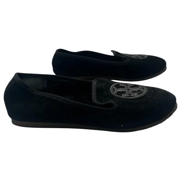 Tory Burch Billy Logo Fur Lined Velvet Slippers Flat Shoes Loafers Black Size 9M
