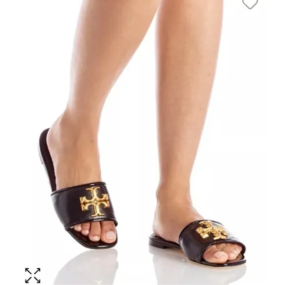 Tory Burch Black and Gold Eleanor  Slide Sandals