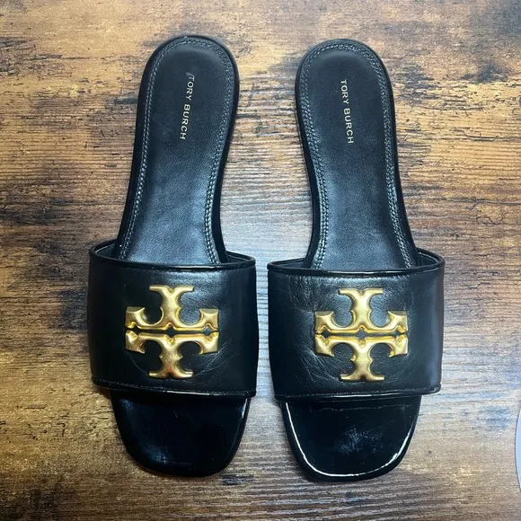 Tory Burch Black and Gold Eleanor  Slide Sandals
