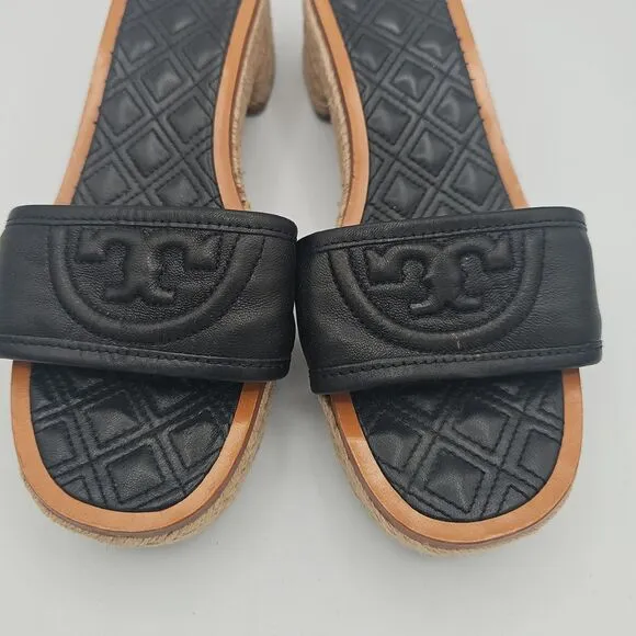 Tory Burch Black Fleming Slide Leather Woven Platform Heels Size 8