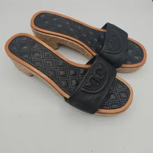 Tory Burch Black Fleming Slide Leather Woven Platform Heels Size 8