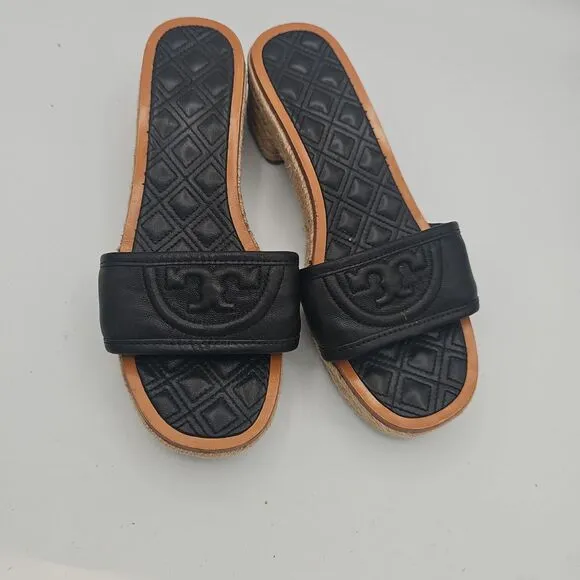 Tory Burch Black Fleming Slide Leather Woven Platform Heels Size 8