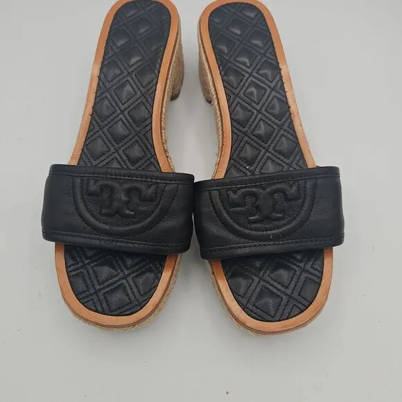 Tory Burch Black Fleming Slide Leather Woven Platform Heels Size 8