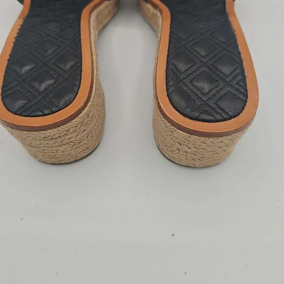 Tory Burch Black Fleming Slide Leather Woven Platform Heels Size 8