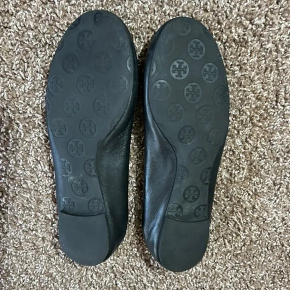 Tory Burch Black Leather Flats with Gold Emblem