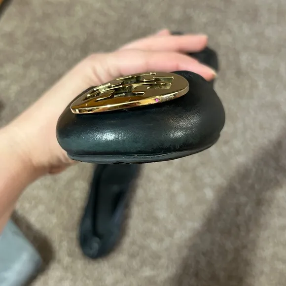 Tory Burch Black Leather Flats with Gold Emblem