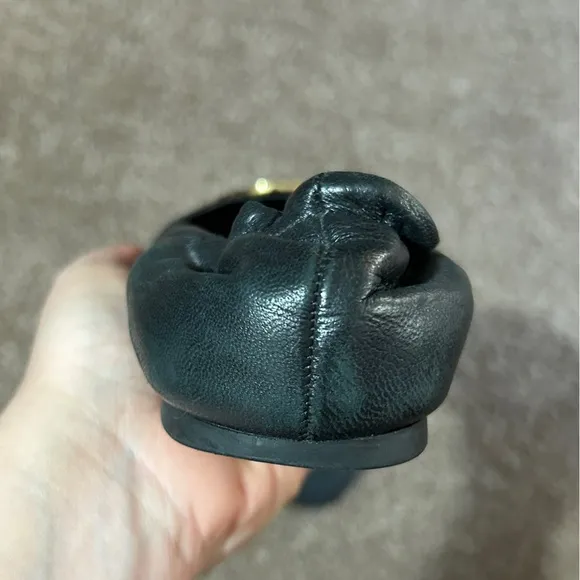 Tory Burch Black Leather Flats with Gold Emblem