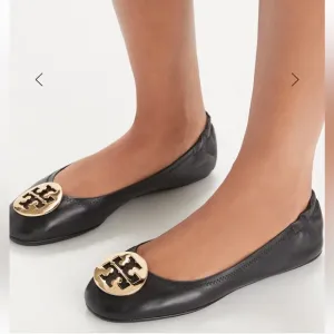 Tory Burch Black Leather Flats with Gold Emblem